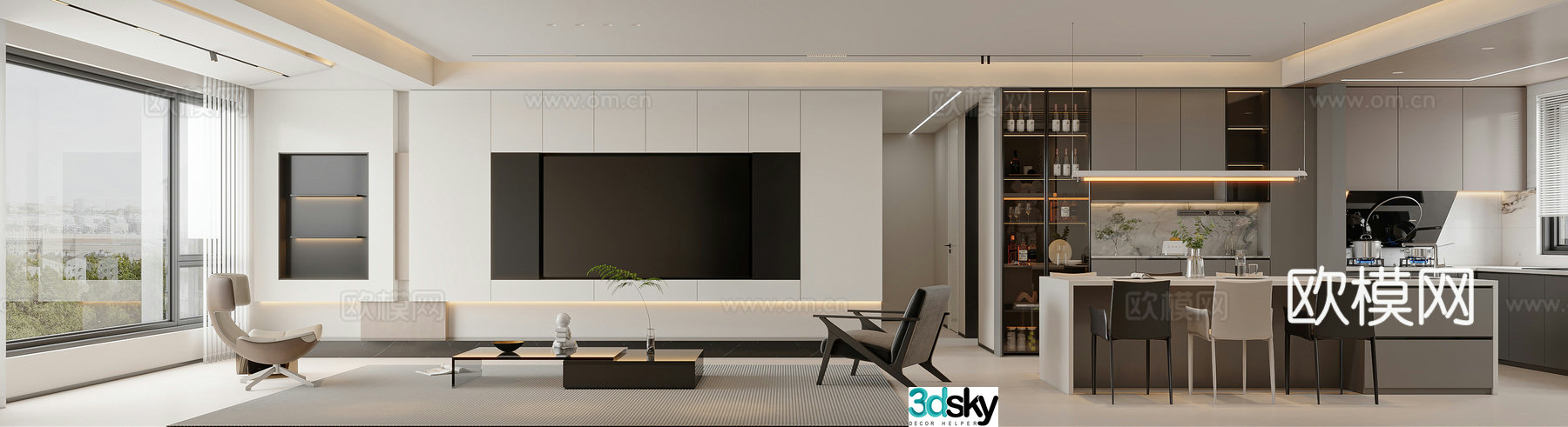 Modern living and dining room 3d model