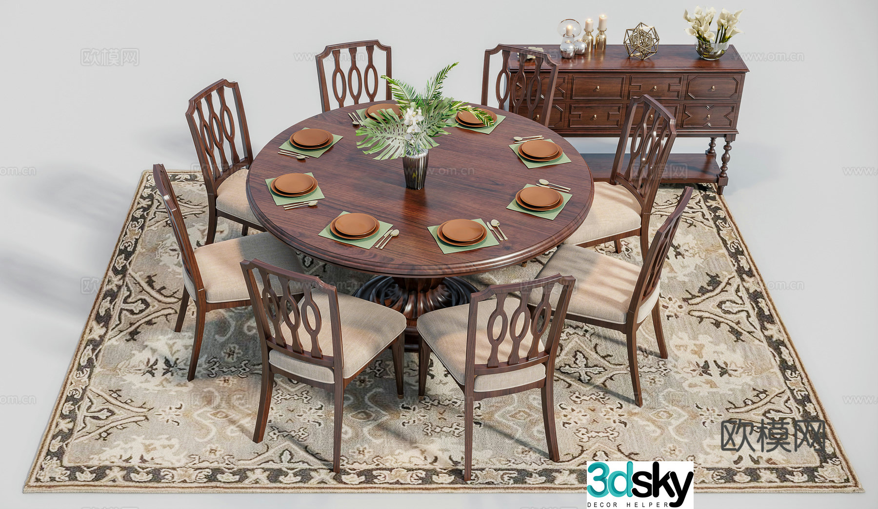 American solid wood dining table and chair combination 3D model
