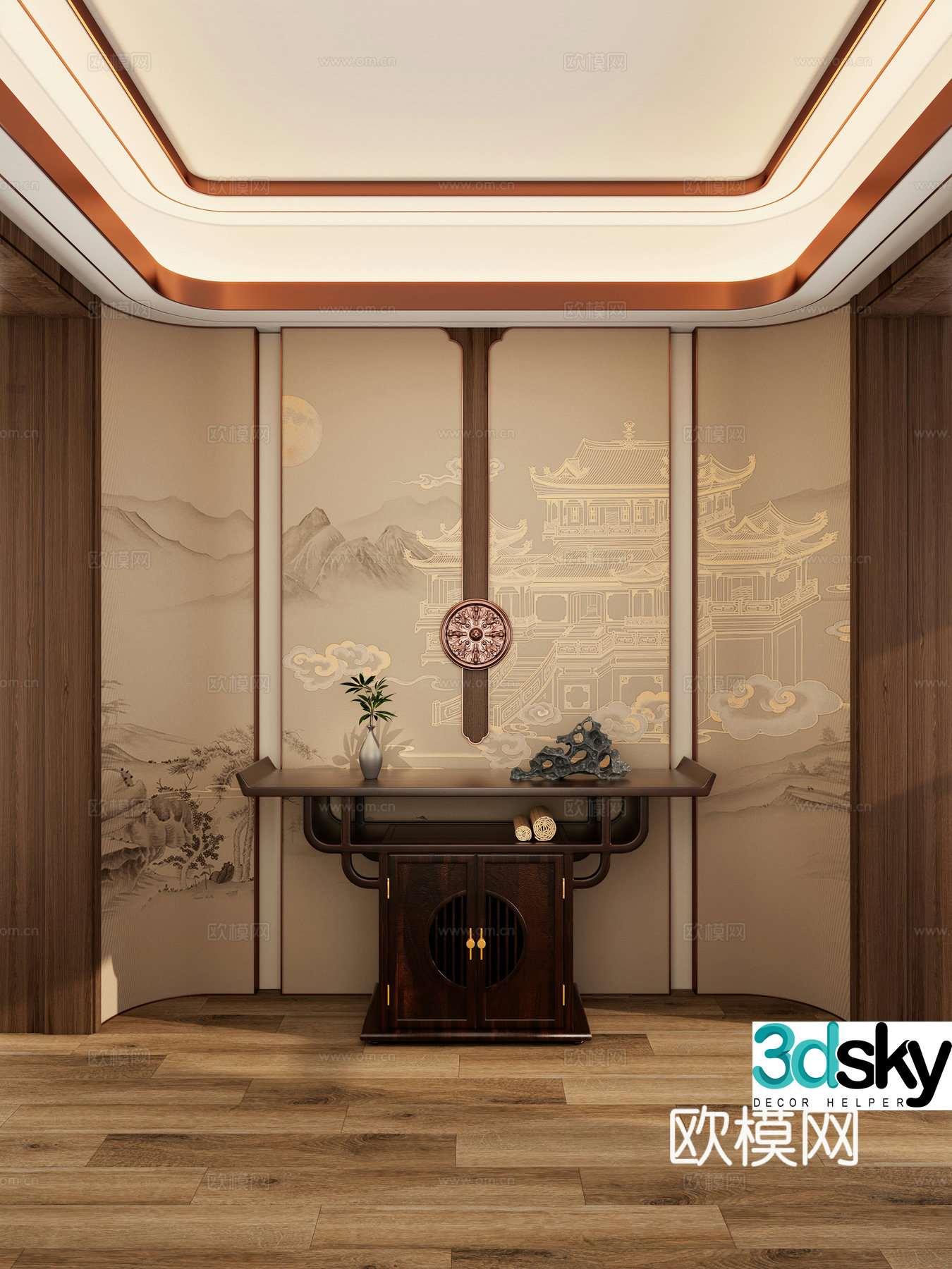 New Chinese style Zen embrace style wall cloth round top entrance view entrance 3D model