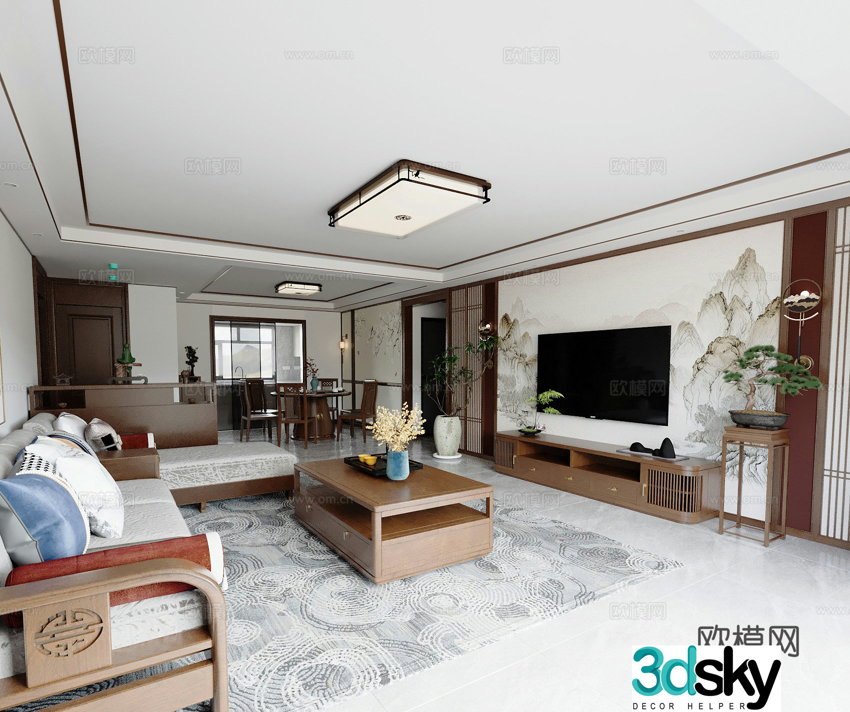New Chinese style living and dining room 3D model