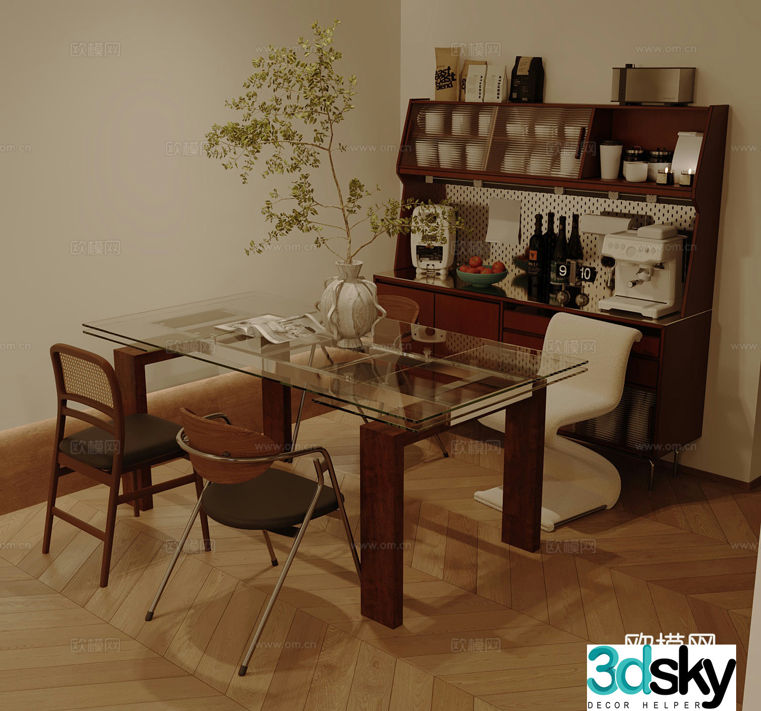 Middle style restaurant dining table and chairs sideboard 3D model