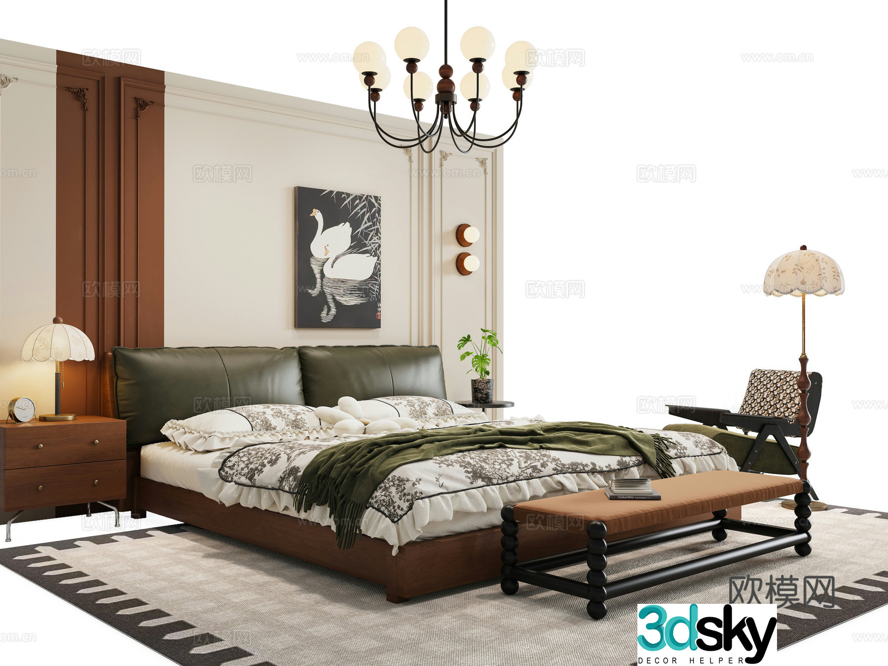 French medium -style bedroom double bed 3D model