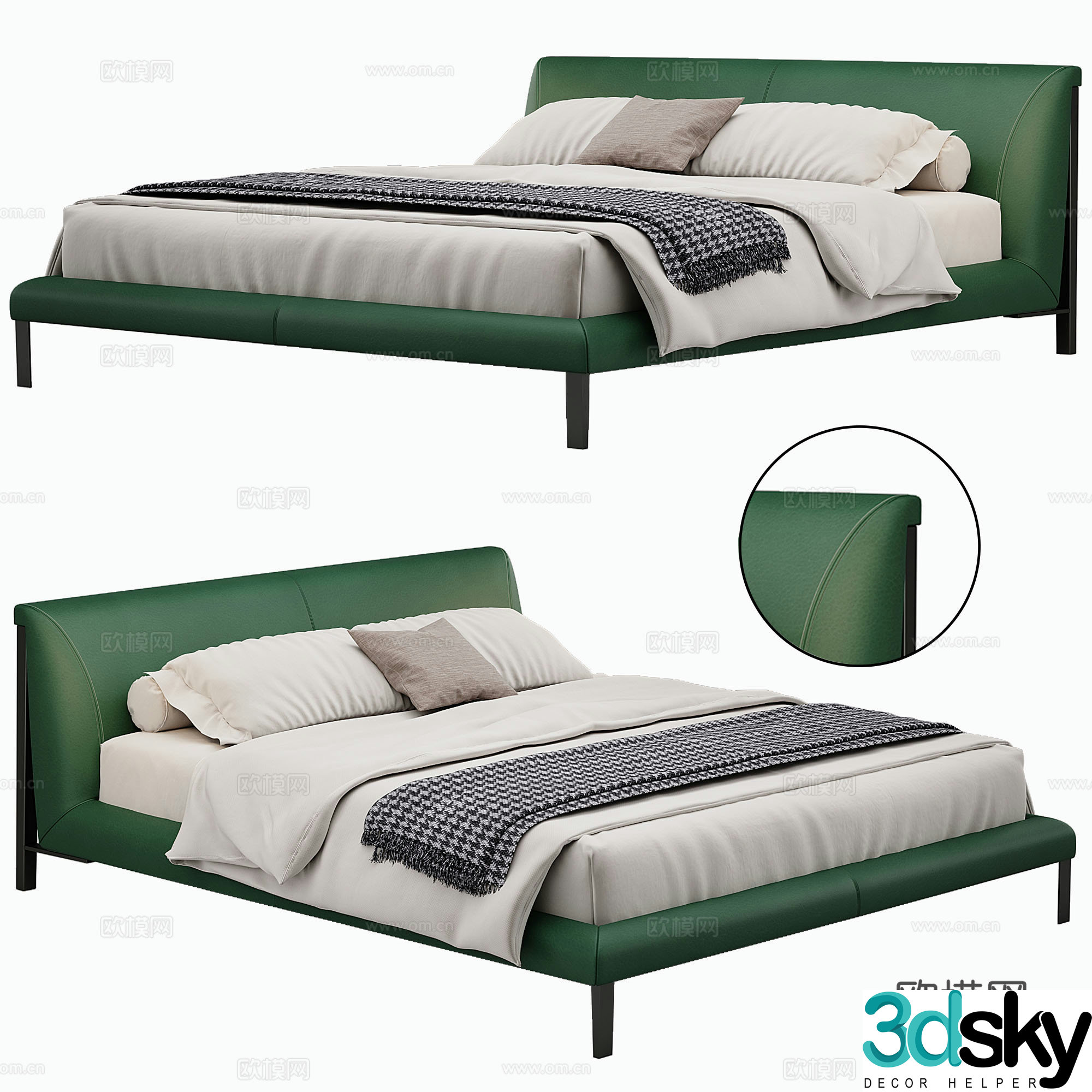 Modern leather double bed mattress pillow 3d model