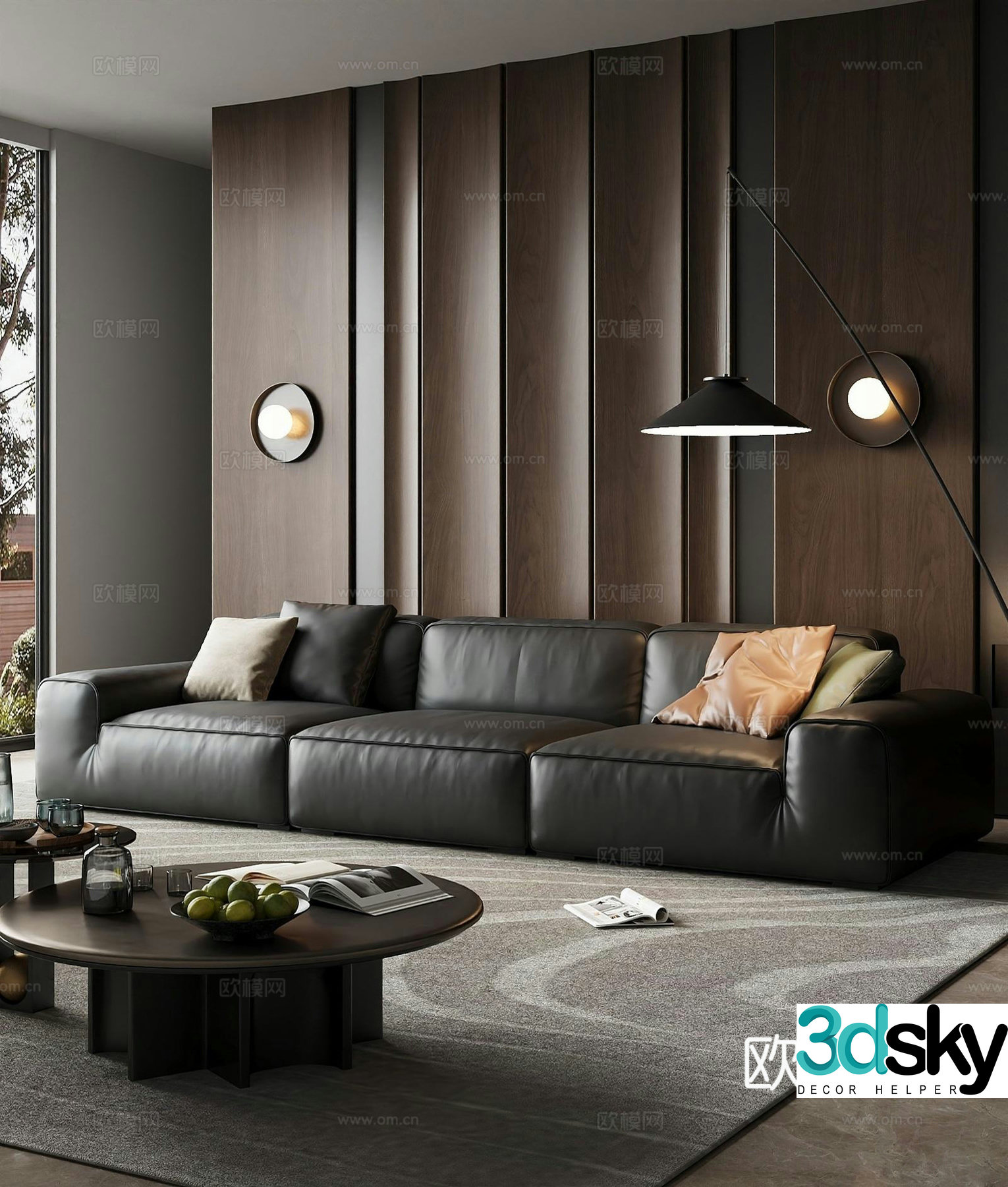 Modern light luxury home living room_European minimalist high-end living room_Big black bull three-person sofa_Coffee table carpet 3D model