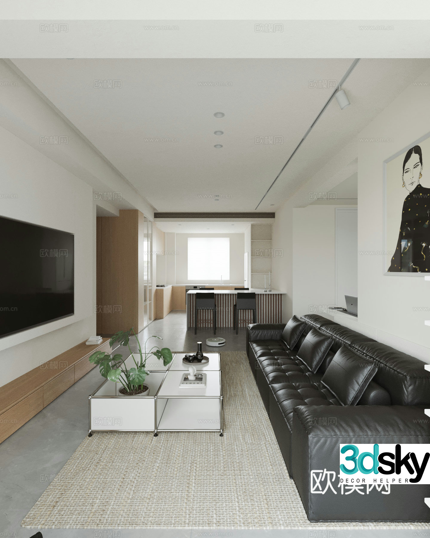 Modern living and dining room 3d model