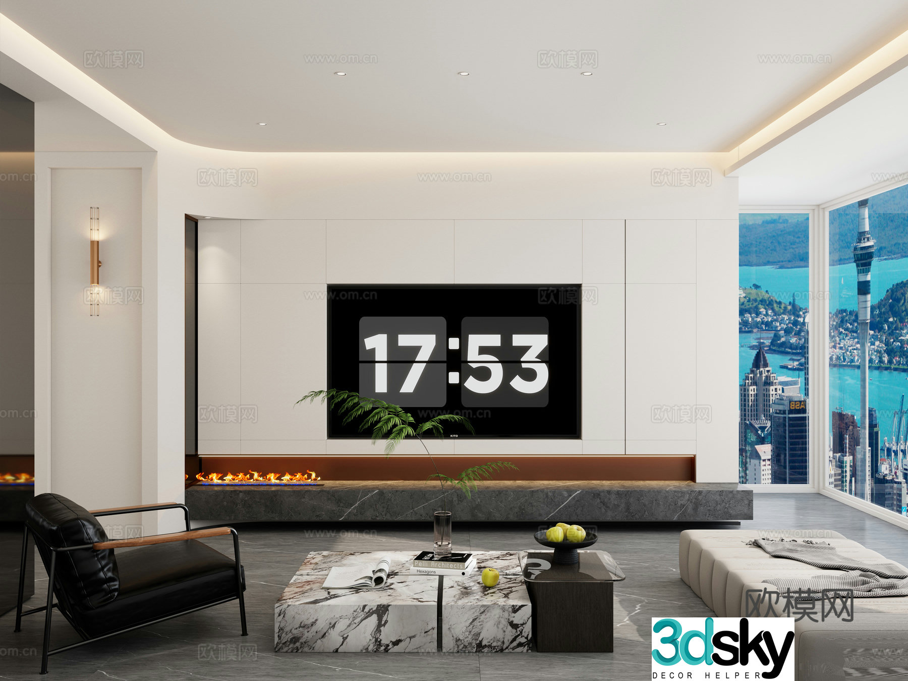 Italian cream style curved shape embedded suspended floor large flat living room TV mysterious 3D model