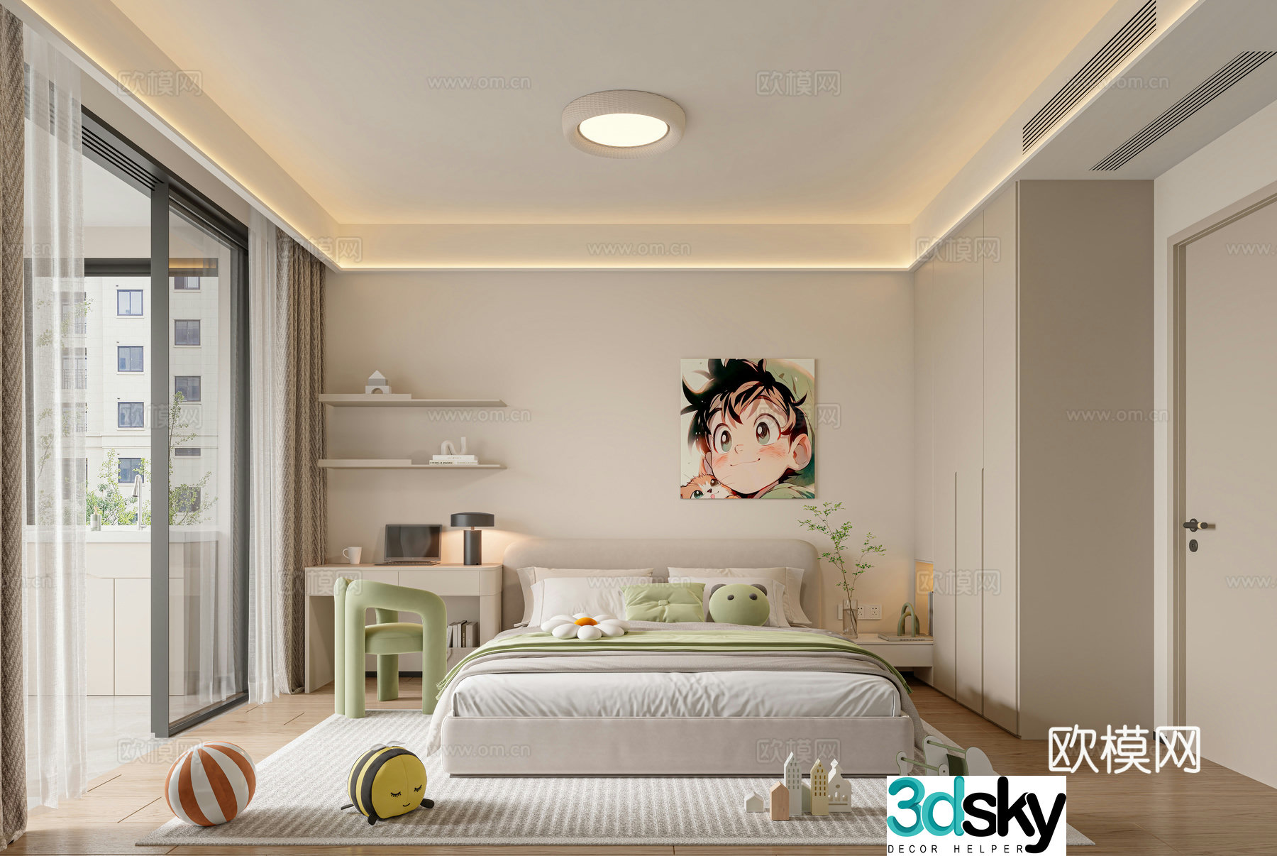 Modern creamy style kids room bedroom 3d model