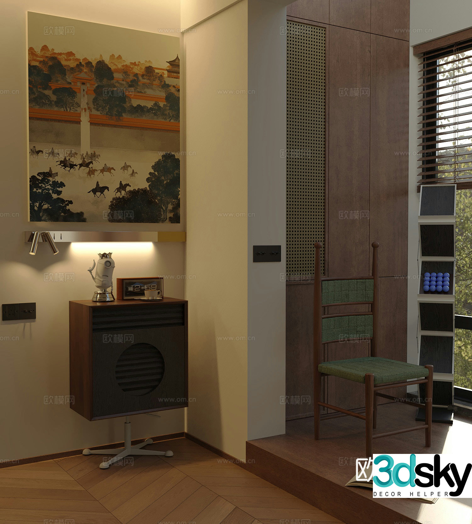 Middle-aged side cabinet low cabinet decorative cabinet single chair hanging painting curtain switch 3d model