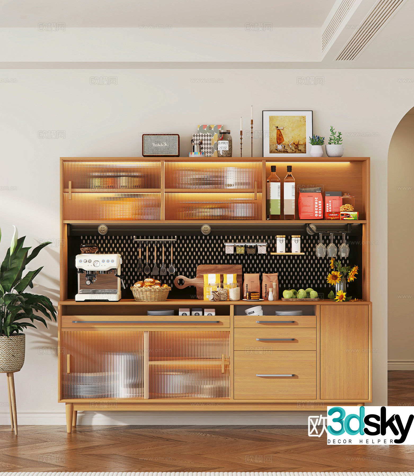 Modern log sideboard tea cabinet dining cabinet tableware ornaments potted green plants hole board placement 3D model