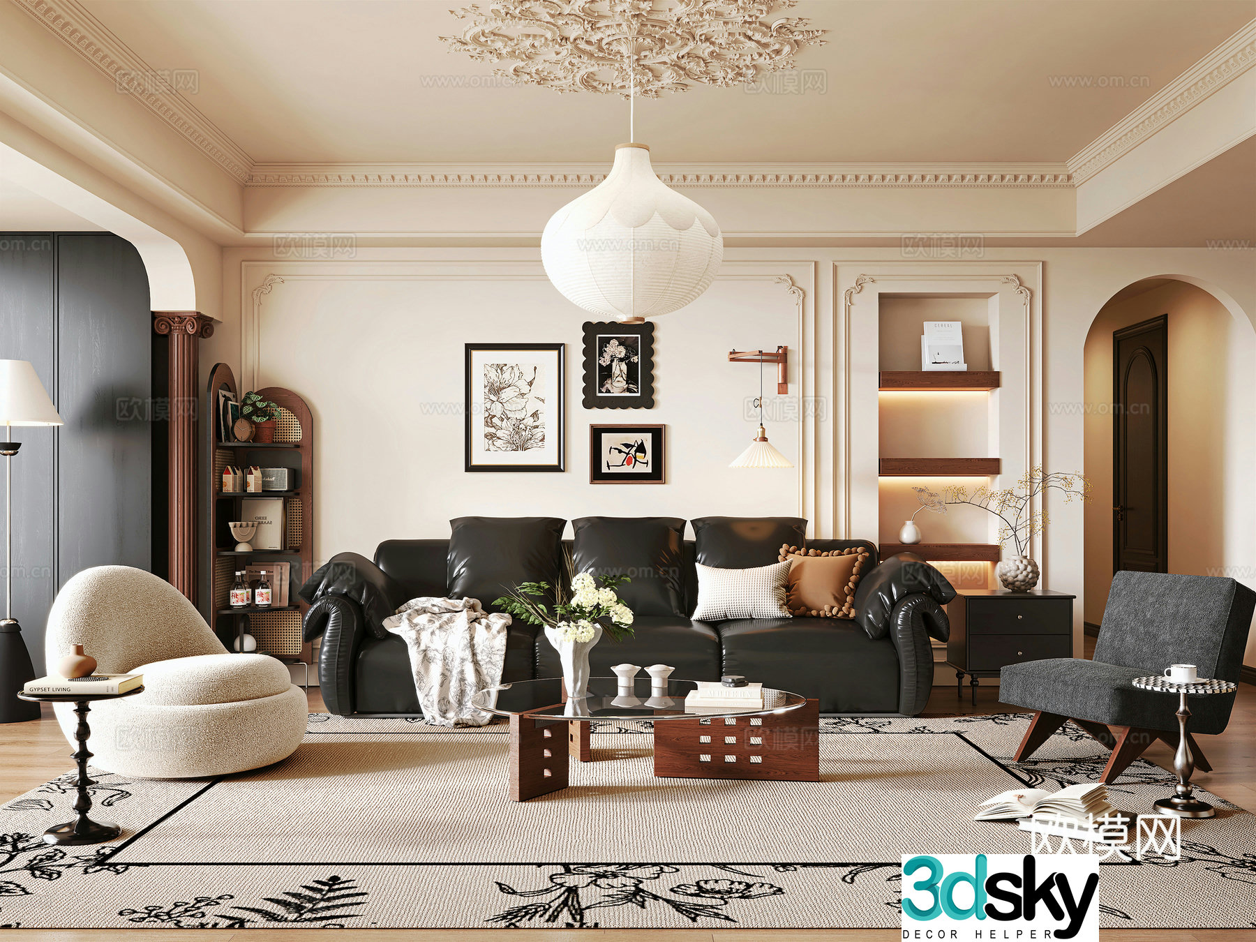 French medieval style living room leather French sofa leisure chair round coffee table side table bookshelf 3D model