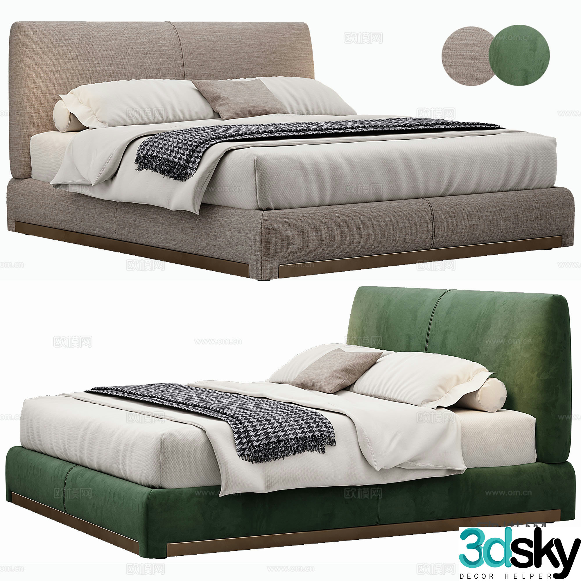 Modern fabric double bed bedding mattress pillow 3d model