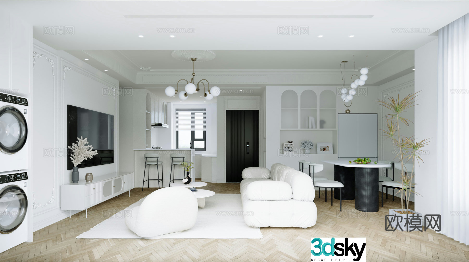 Modern French living and dining room 3d model