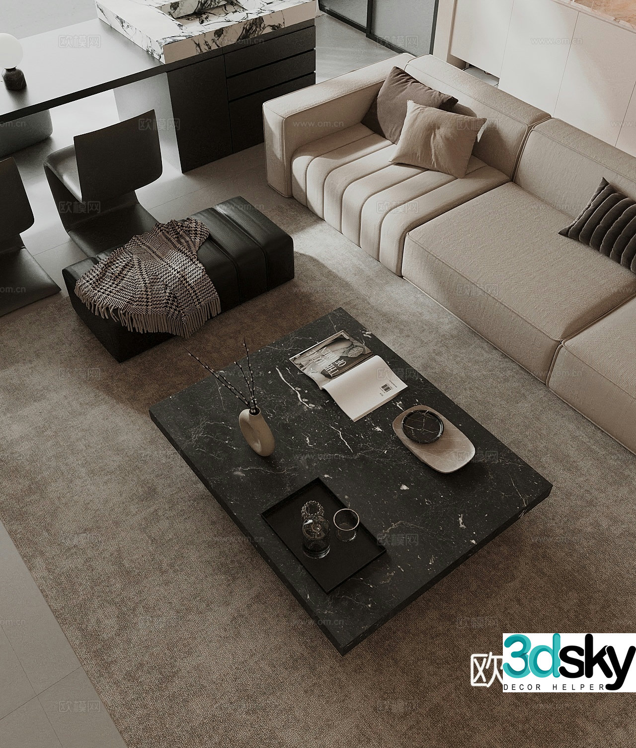 Italian living room cream style black white gray minimalist living room without owner lights TV background wall 3d model