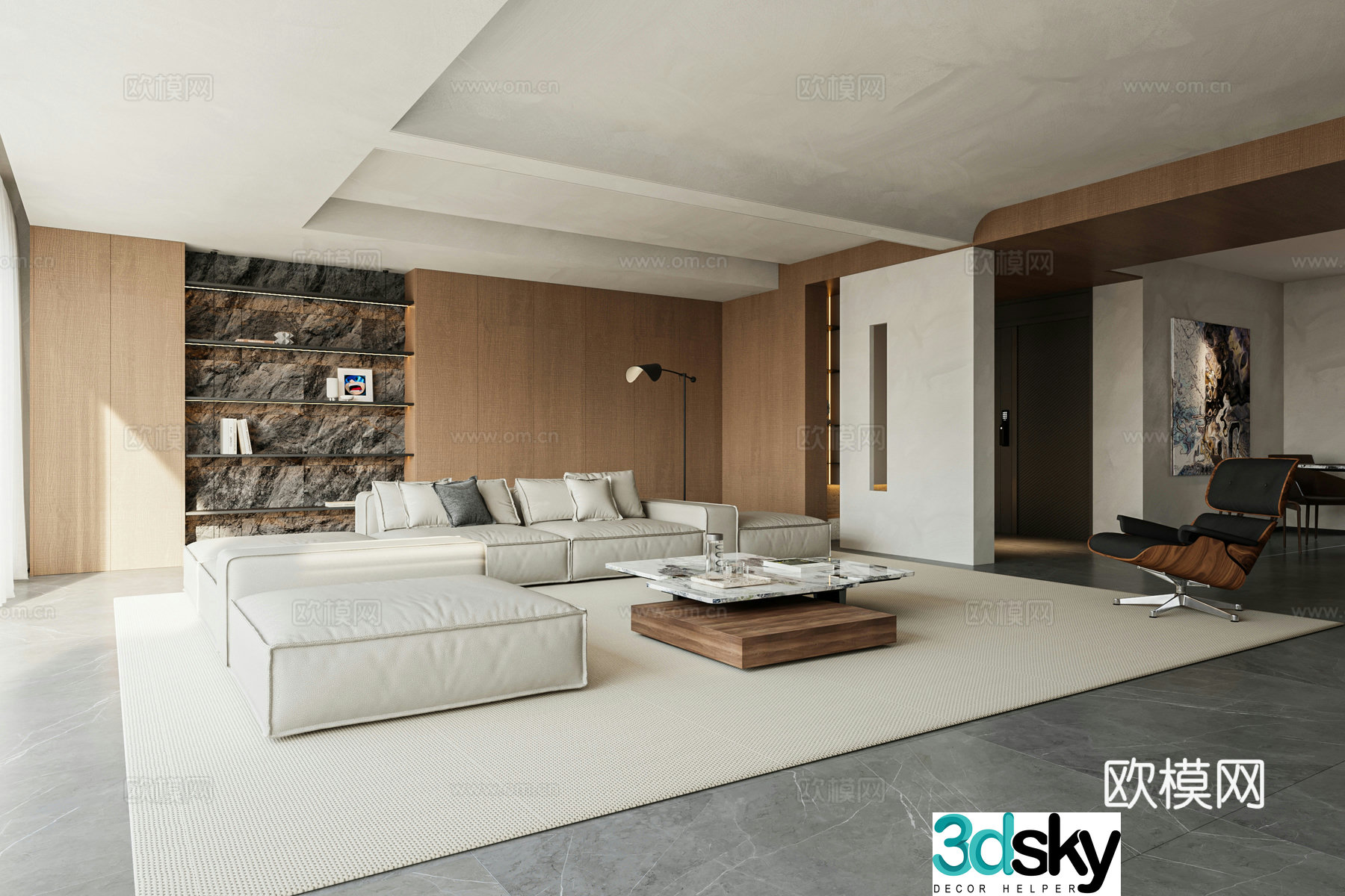 Modern light luxury living restaurant Tofu block sofa Chieftain chair Large flat horizontal hall No main light 3D model