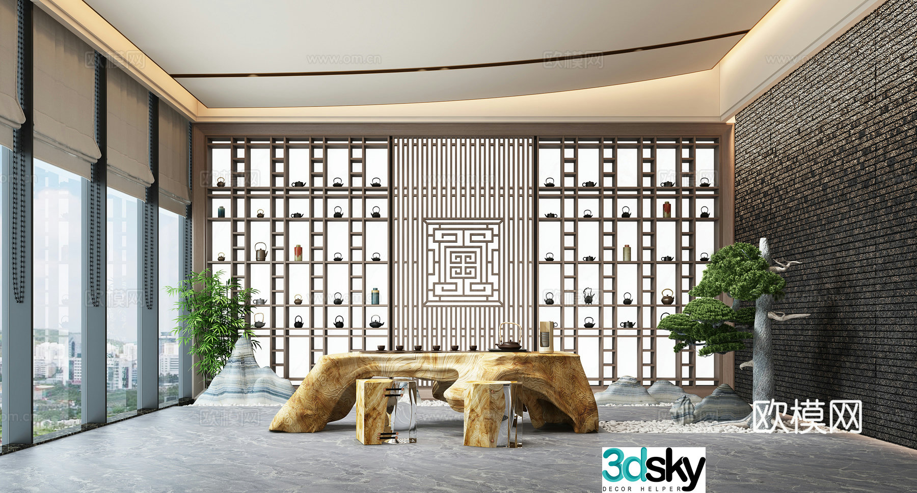 Modern new Chinese tea room tea art tea house root carving tea table tea set tea cabinet teapot tea cup 3D model