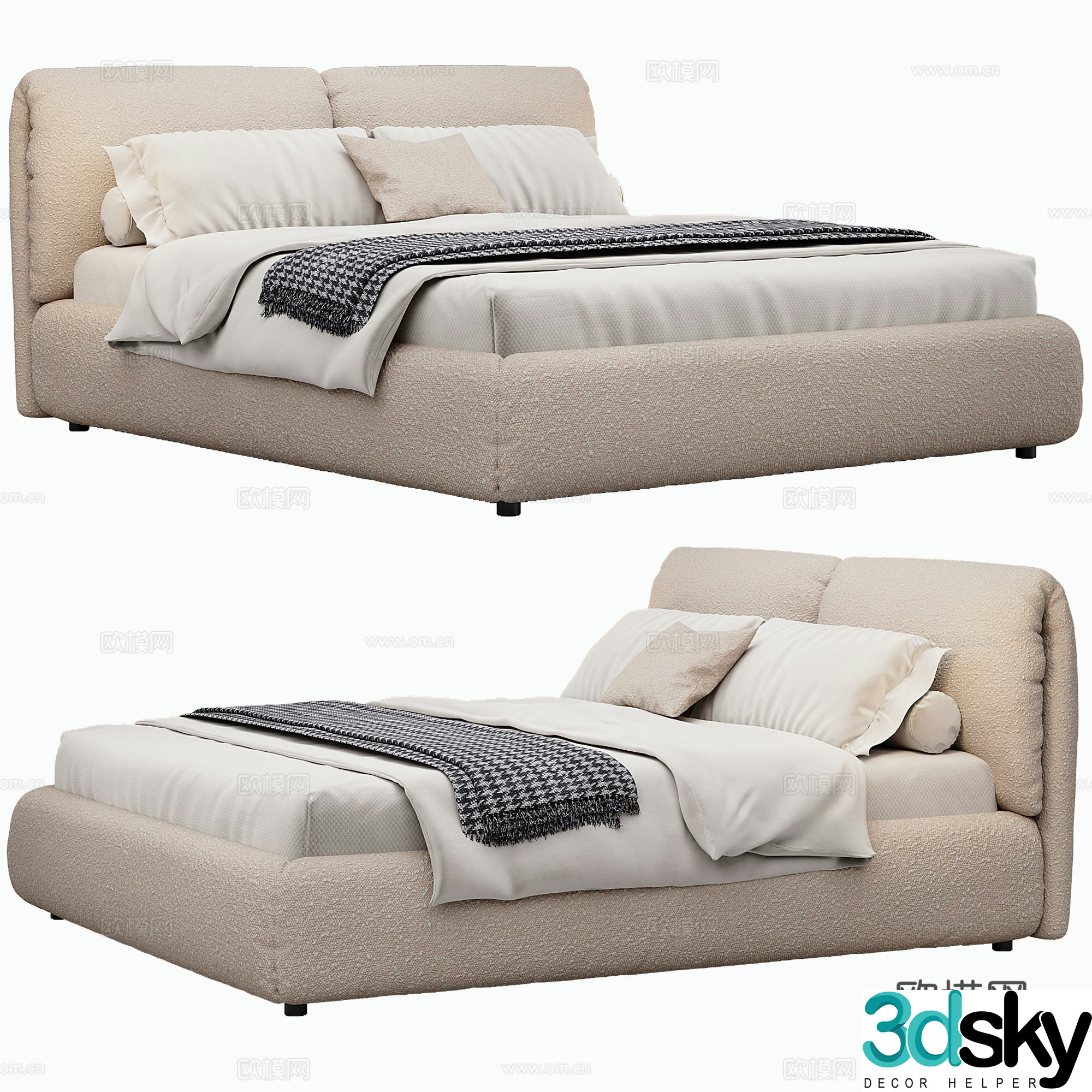 Modern fabric double bed bedding mattress pillow 3d model