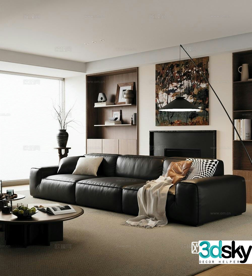 Medium-old cream home living room_Modern medium-old cream living room_Light luxury three-person sofa_Big black cow sofa 3D model