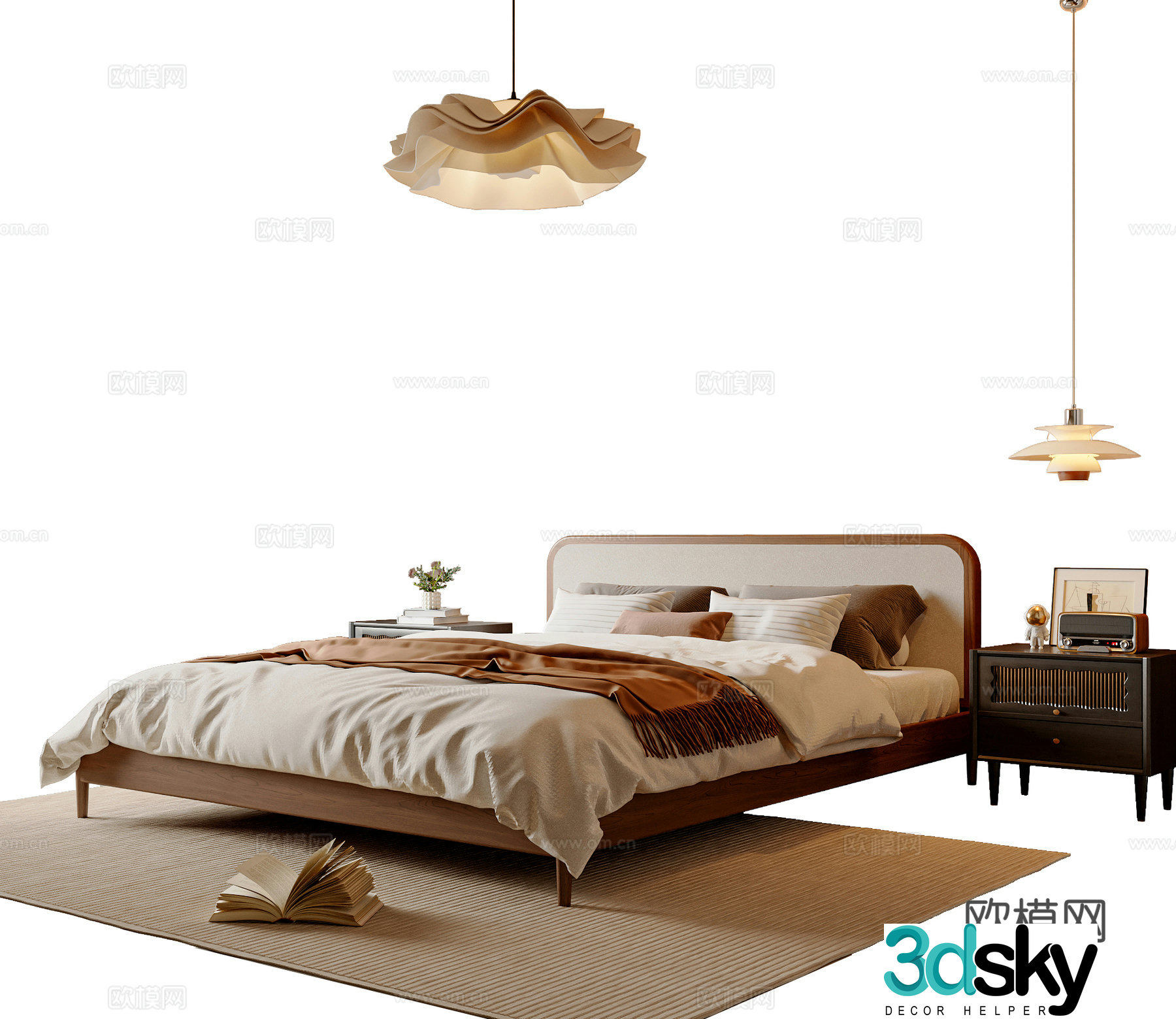 Medieval style double bed chandelier bedside table double bed 3d model