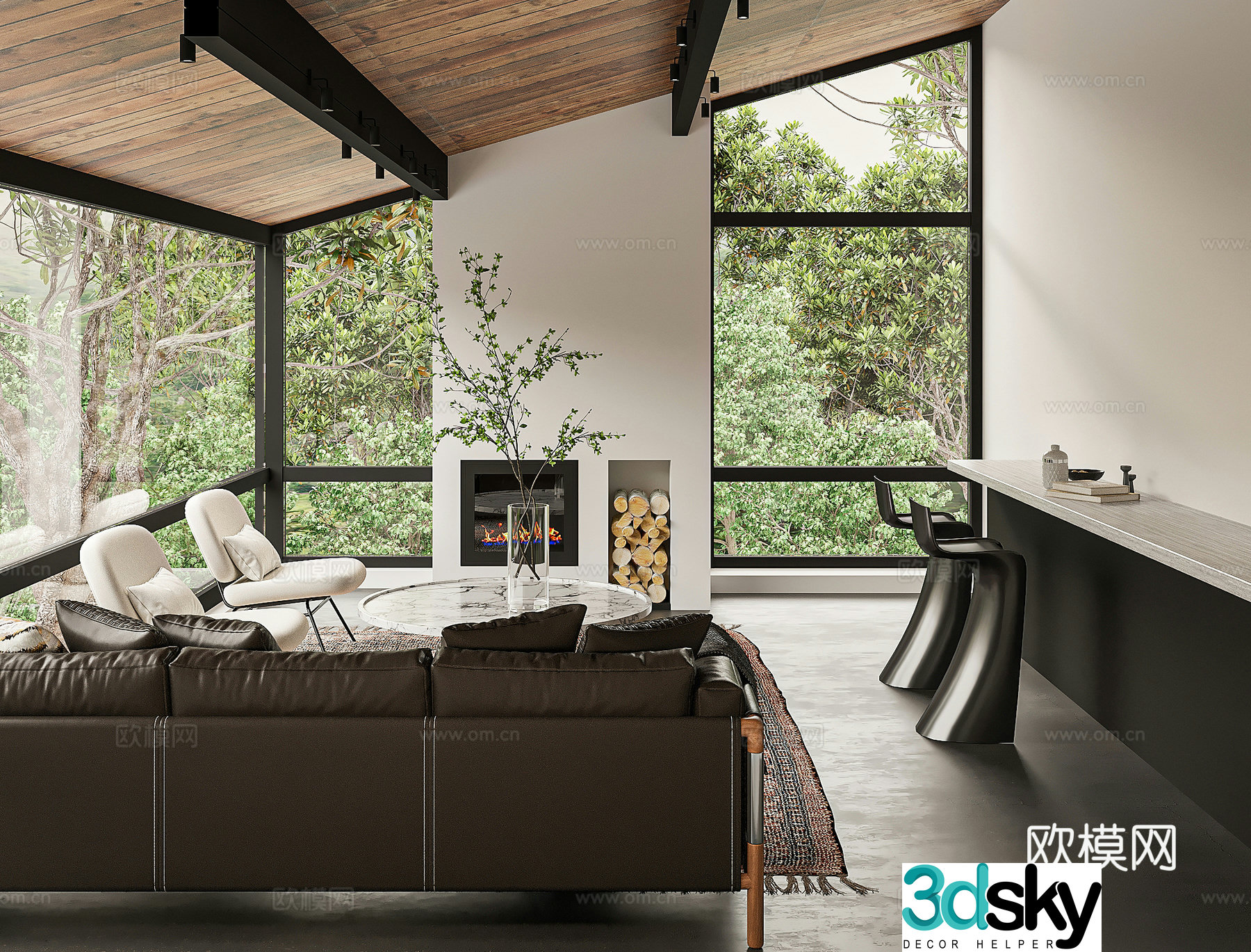 Industrial style living room Hollywood Hills Vacation Villa Beverly Hills Vacation style Real fireplace 3d model