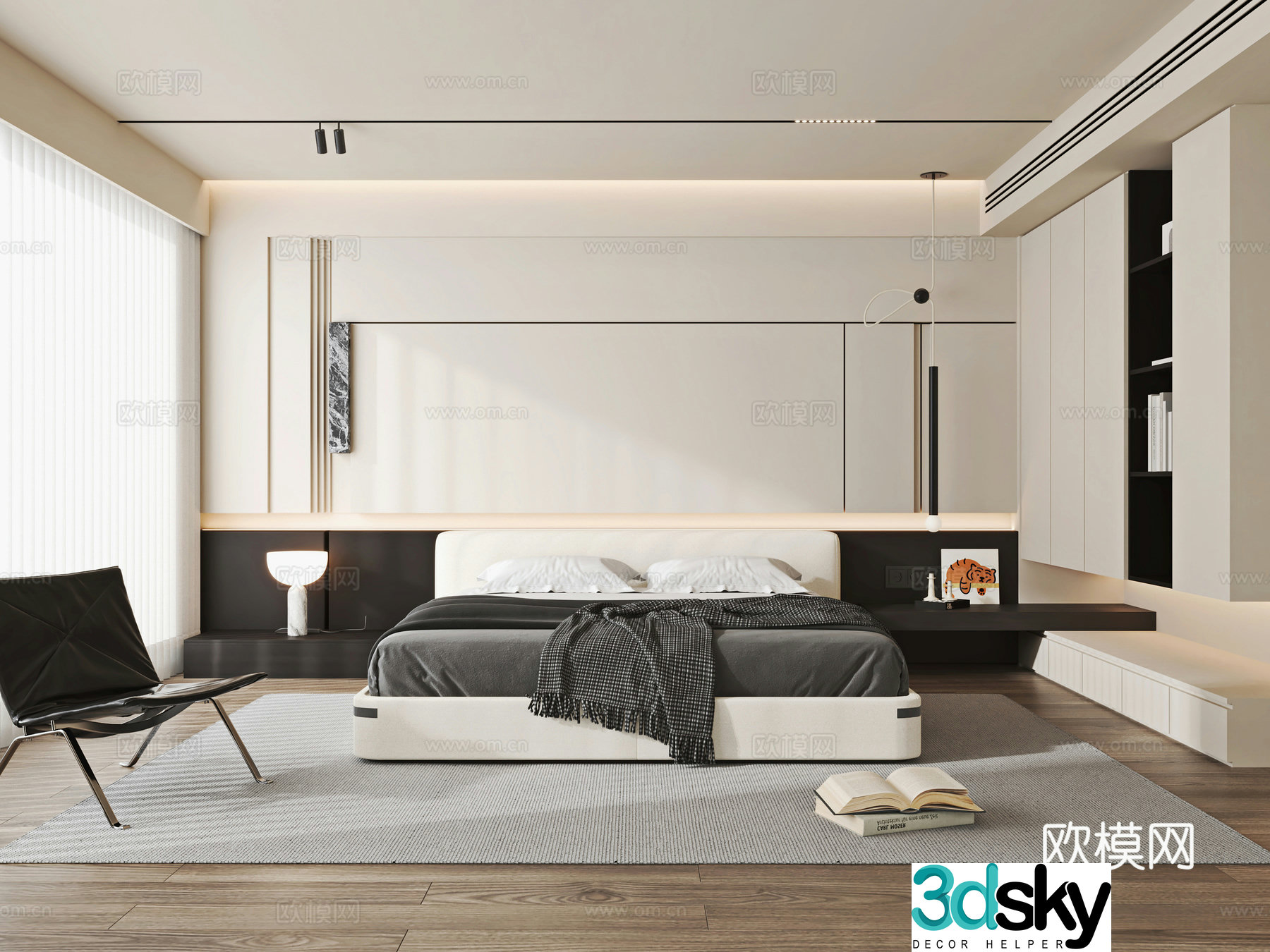 Modern home style bedroom fabric double bed nightstand bedside table chandeliers leisure chair accessories 3d model