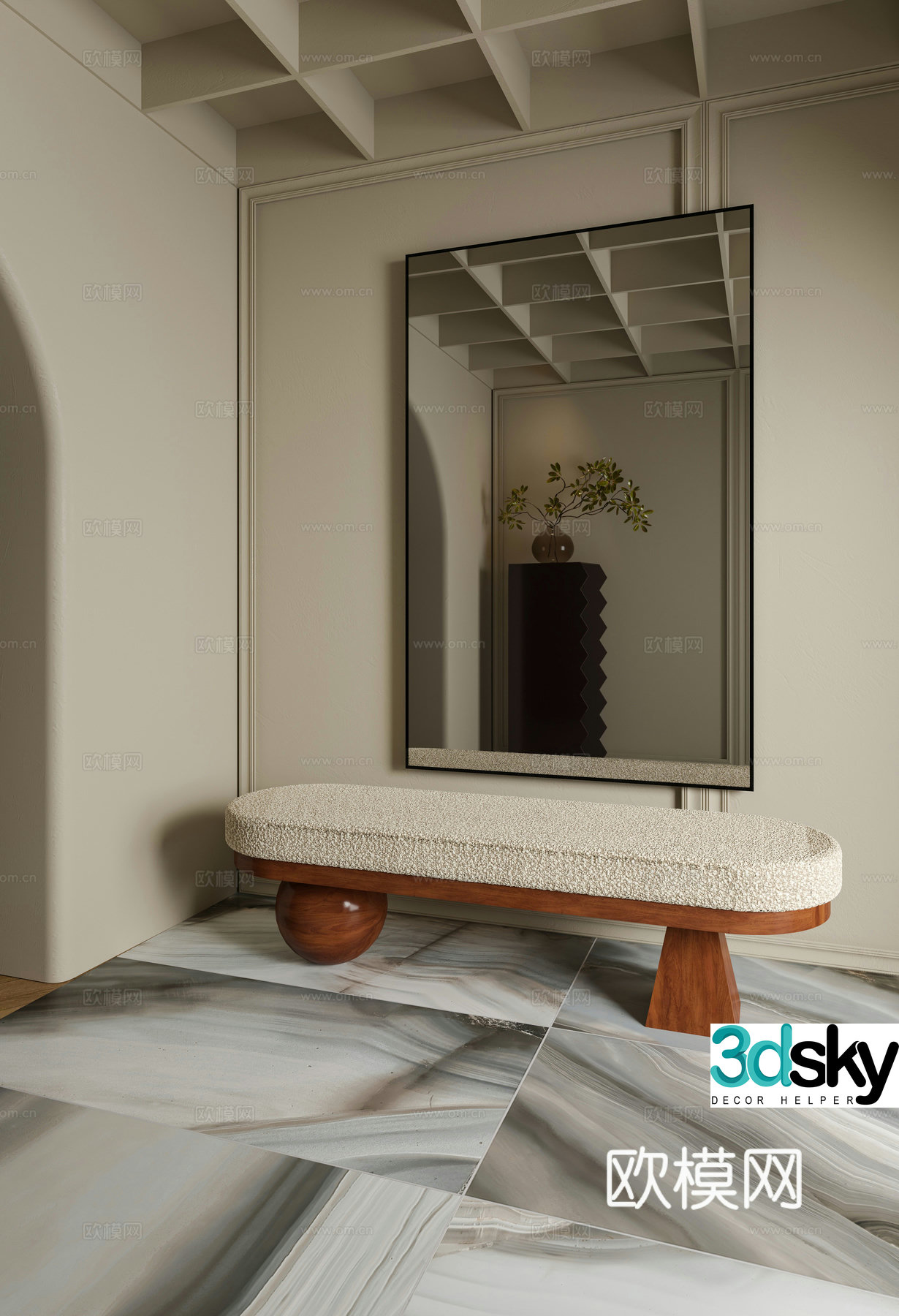 Shoe changing stool French mirror green plant 3d model