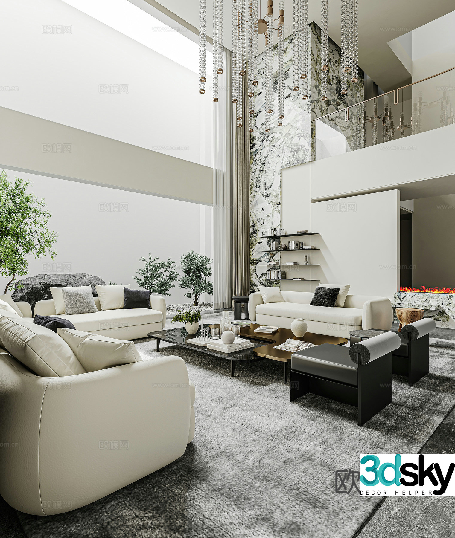 Modern light luxury basement living room alcohol fireplace luxury stone sofa and coffee table combination crystal chandeliers 3D model