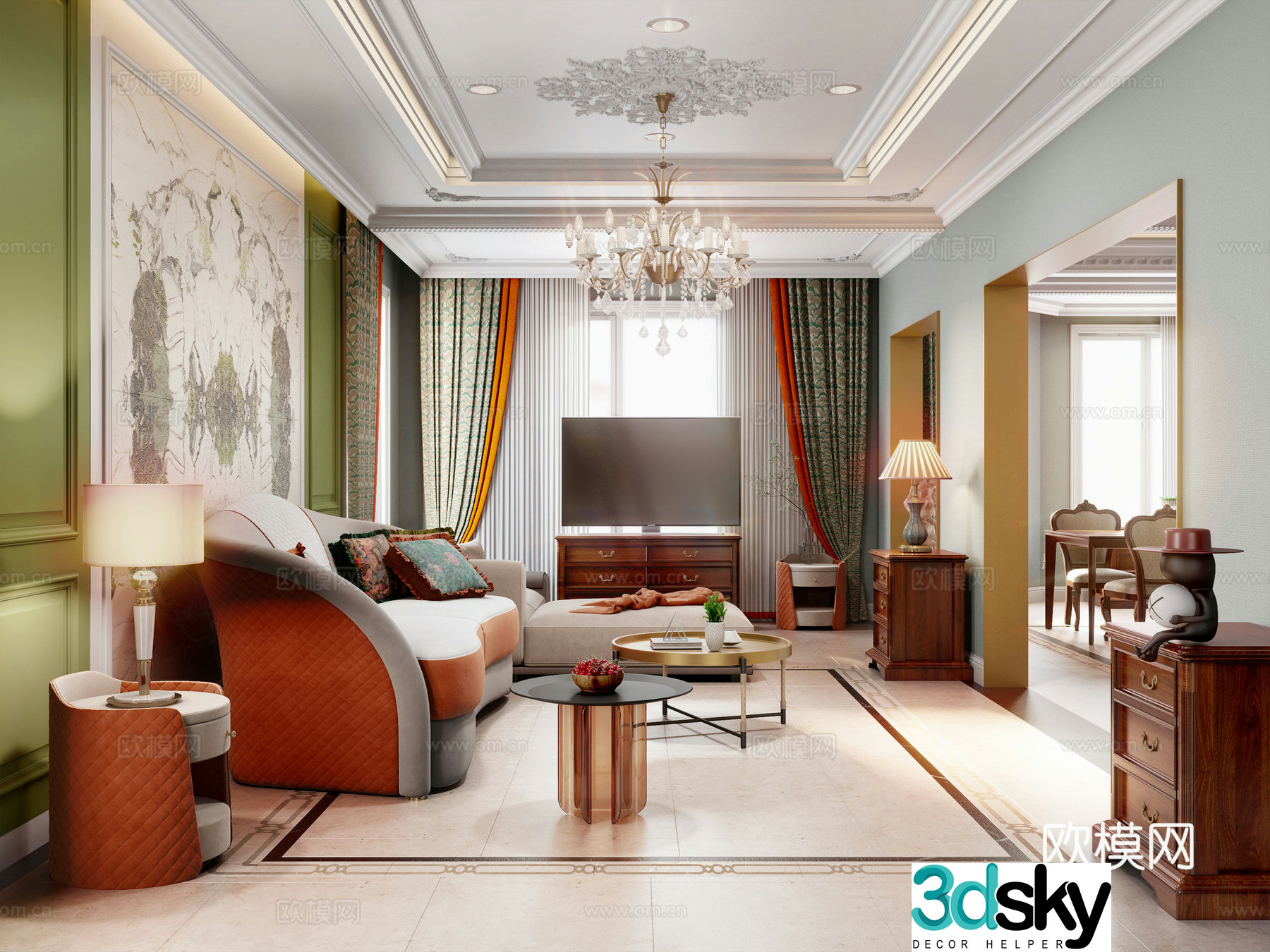 European style living and dining room 3D model 3D model