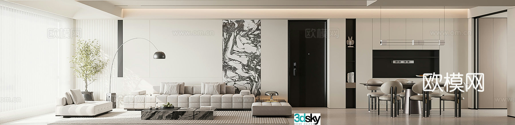 Modern minimalist living and dining room 3D model