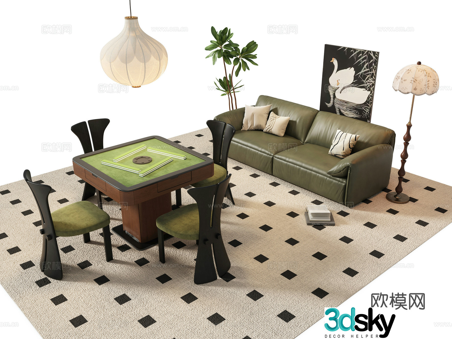 French retro mahjong table and chair 3d model