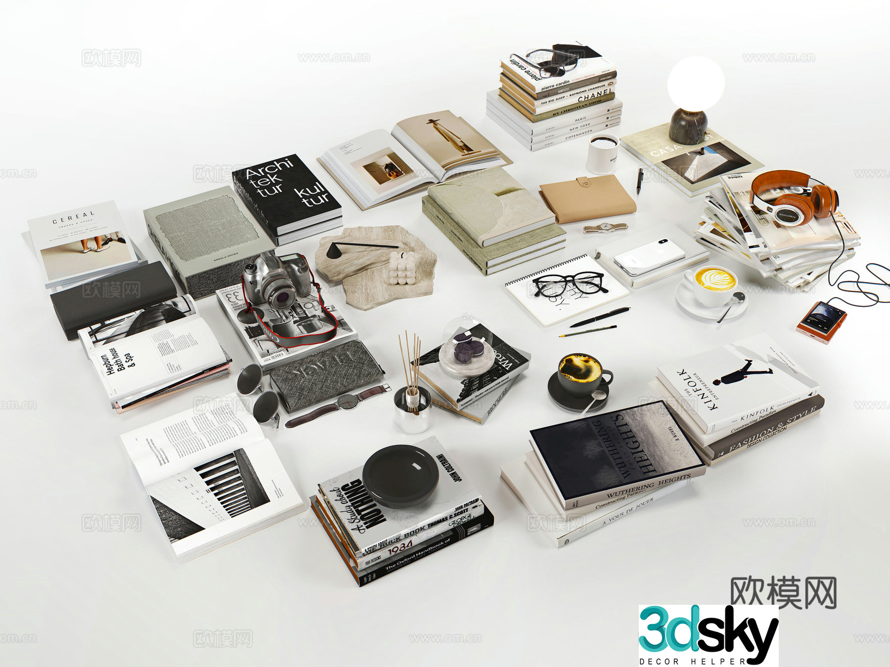 Modern style book combination Jewelry ornaments Camera Headphones Glasses Table lamp 3D model