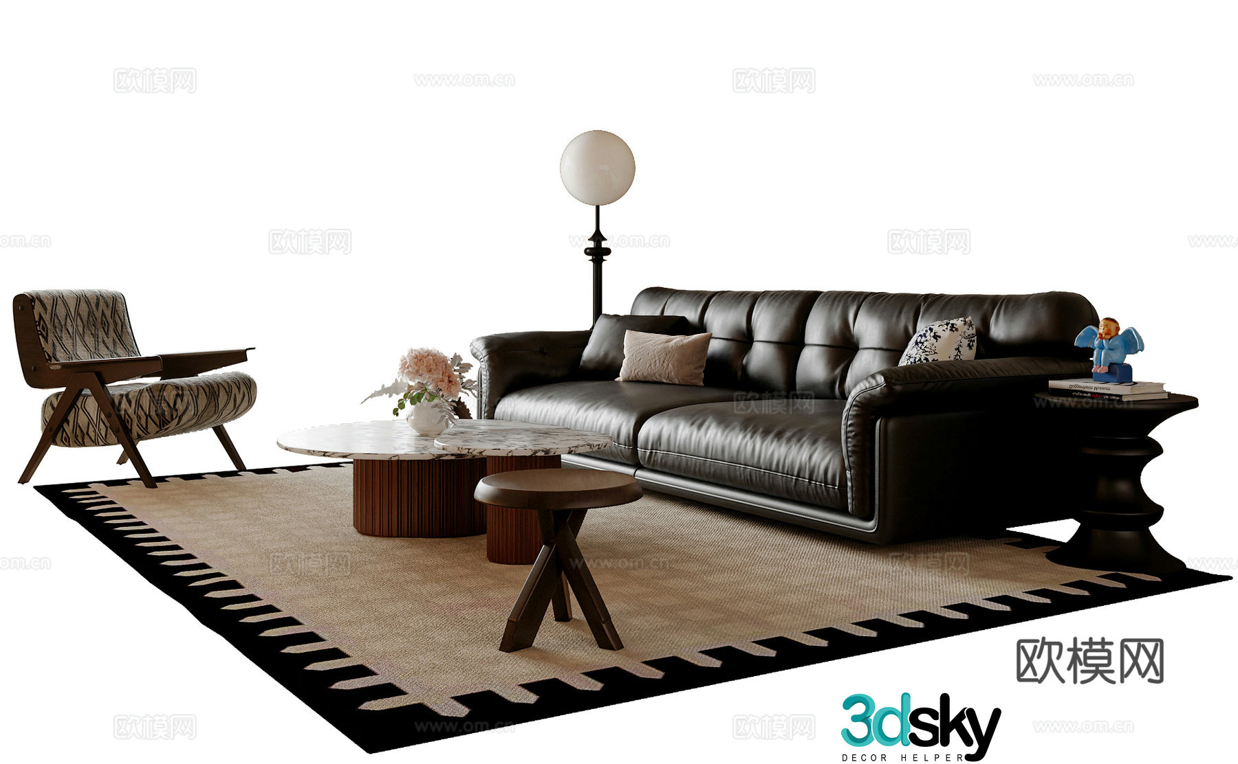 French medieval sofa coffee table combination leisure chair floor lamp sofa stool three-person sofa 3D model