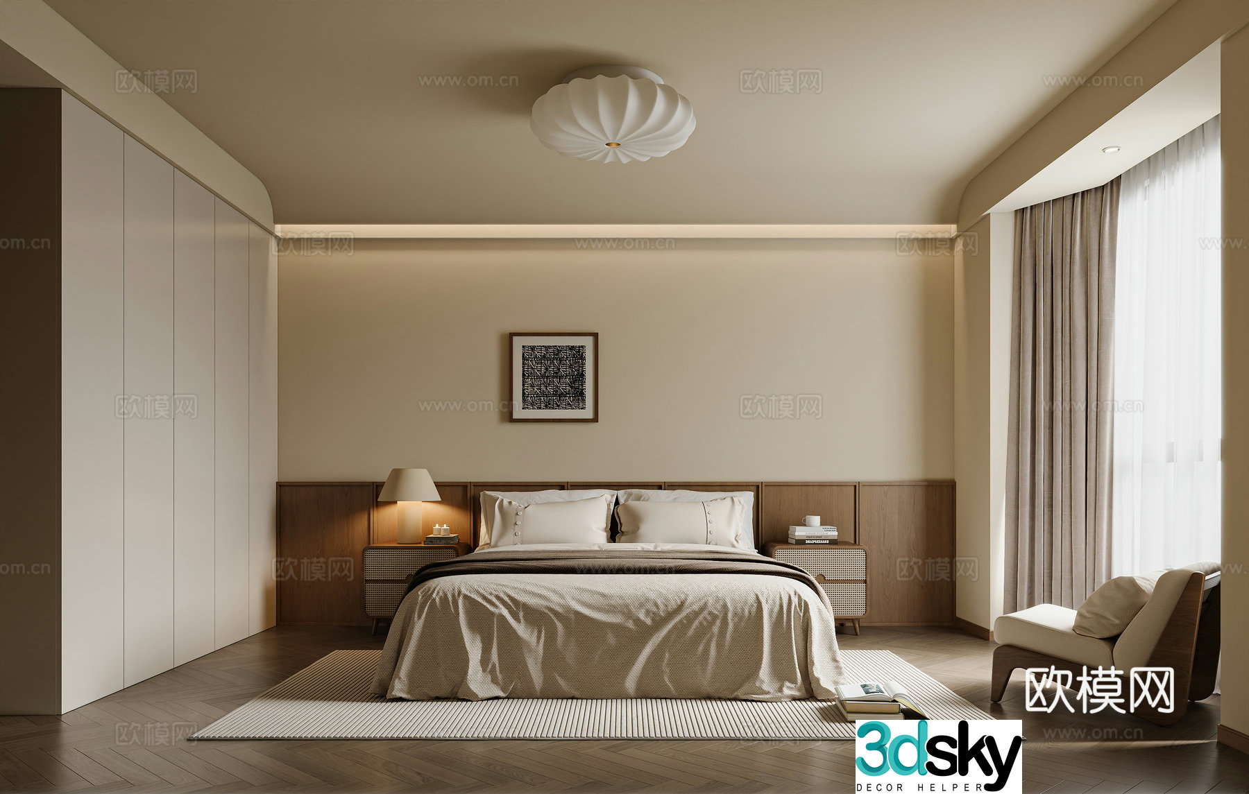 Medium-old bedroom bed bed background Medium-old ceiling light Medium-old single chair Single sofa Medium-old floor 3D model