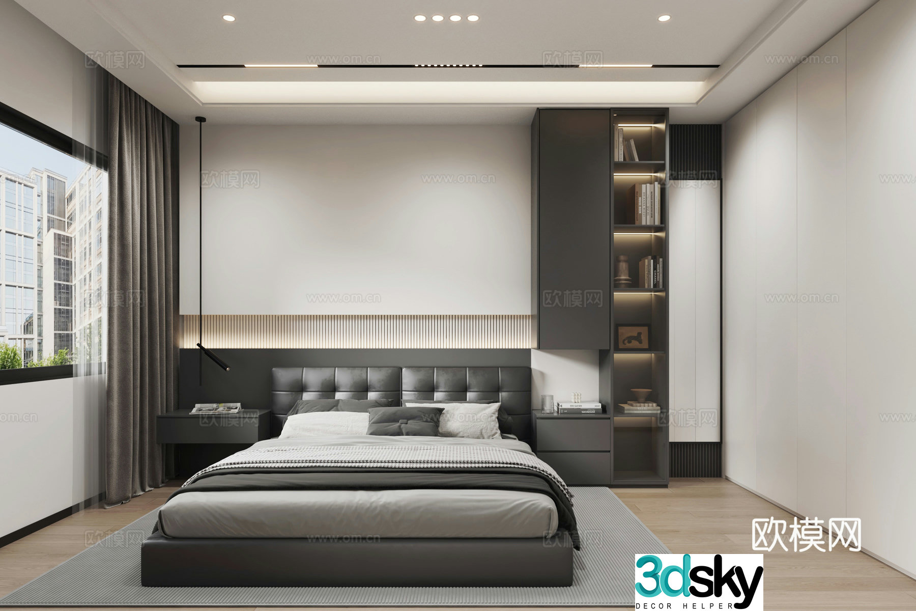 Modern black white and gray bedroom 3d model