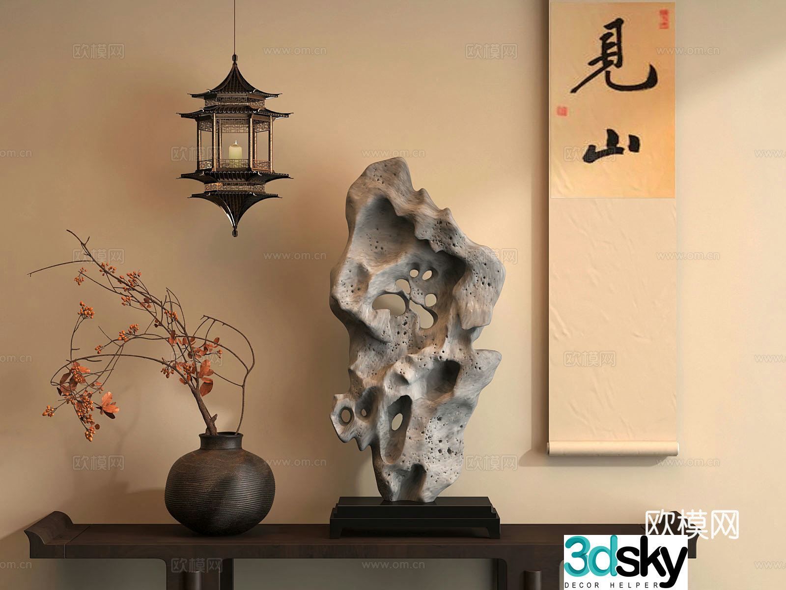 New Chinese style ancient Taihu stone chandeliers hanging painting 3D model