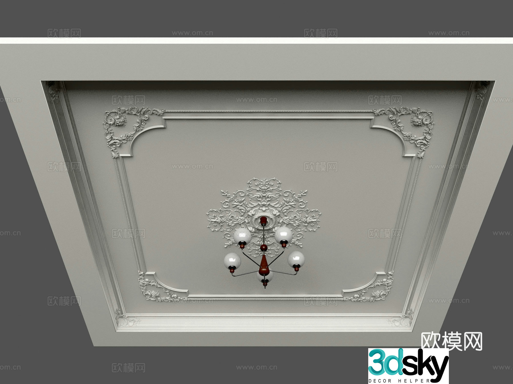 French ceiling plaster carved line chandelier 3d model