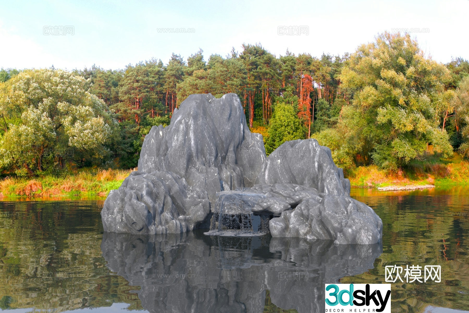 Modern rockery waterscape stone mountain flowing water 3D model