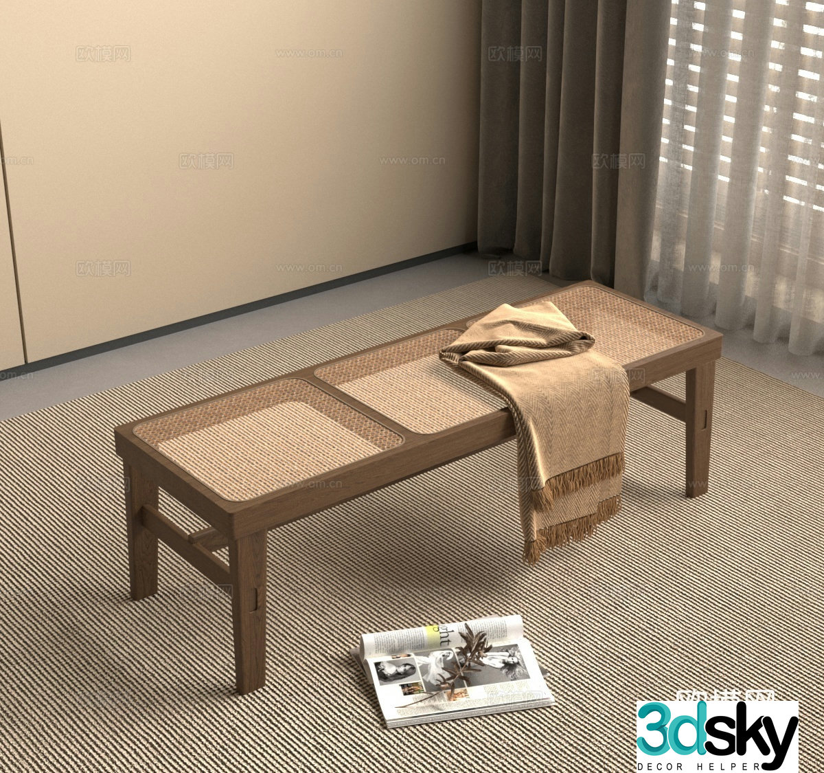 Wabi-sabi medieval rattan bench bedside stool 3D model