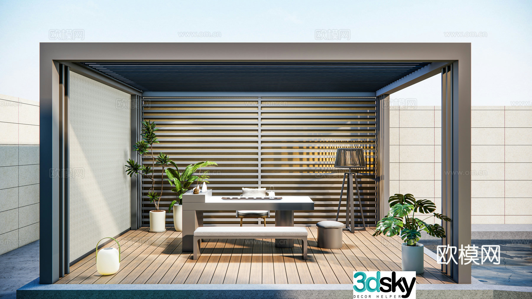 Modern electric sunroom tea table and chair aluminum alloy tea table floor-standing aura light combination 3D model