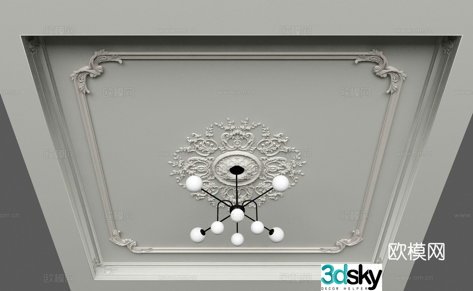 French ceiling plaster carved line chandelier 3d model
