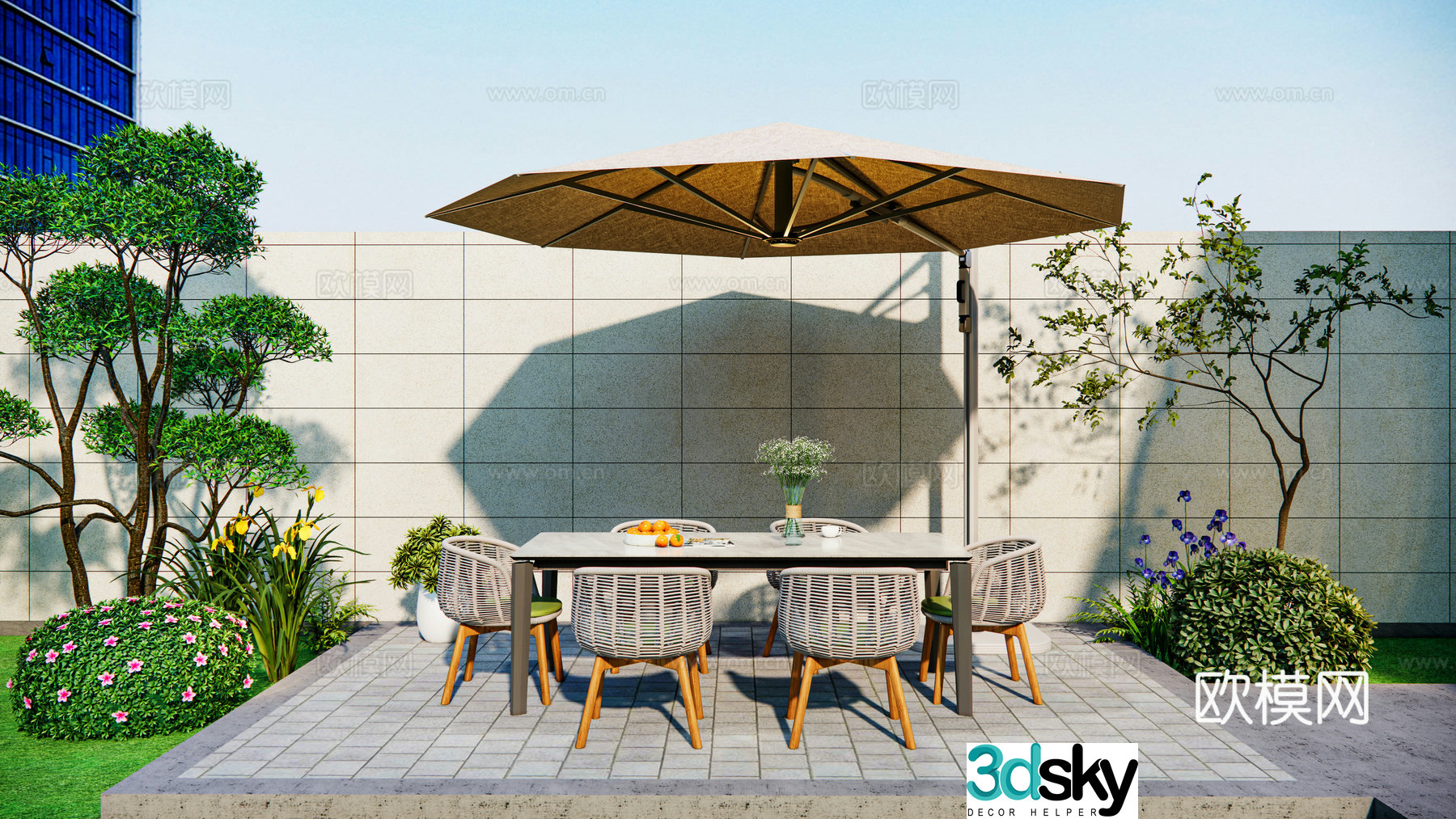 Modern outdoor dining table and chairs one table and six chairs rock slab dining table round parasol ornament green 3d model