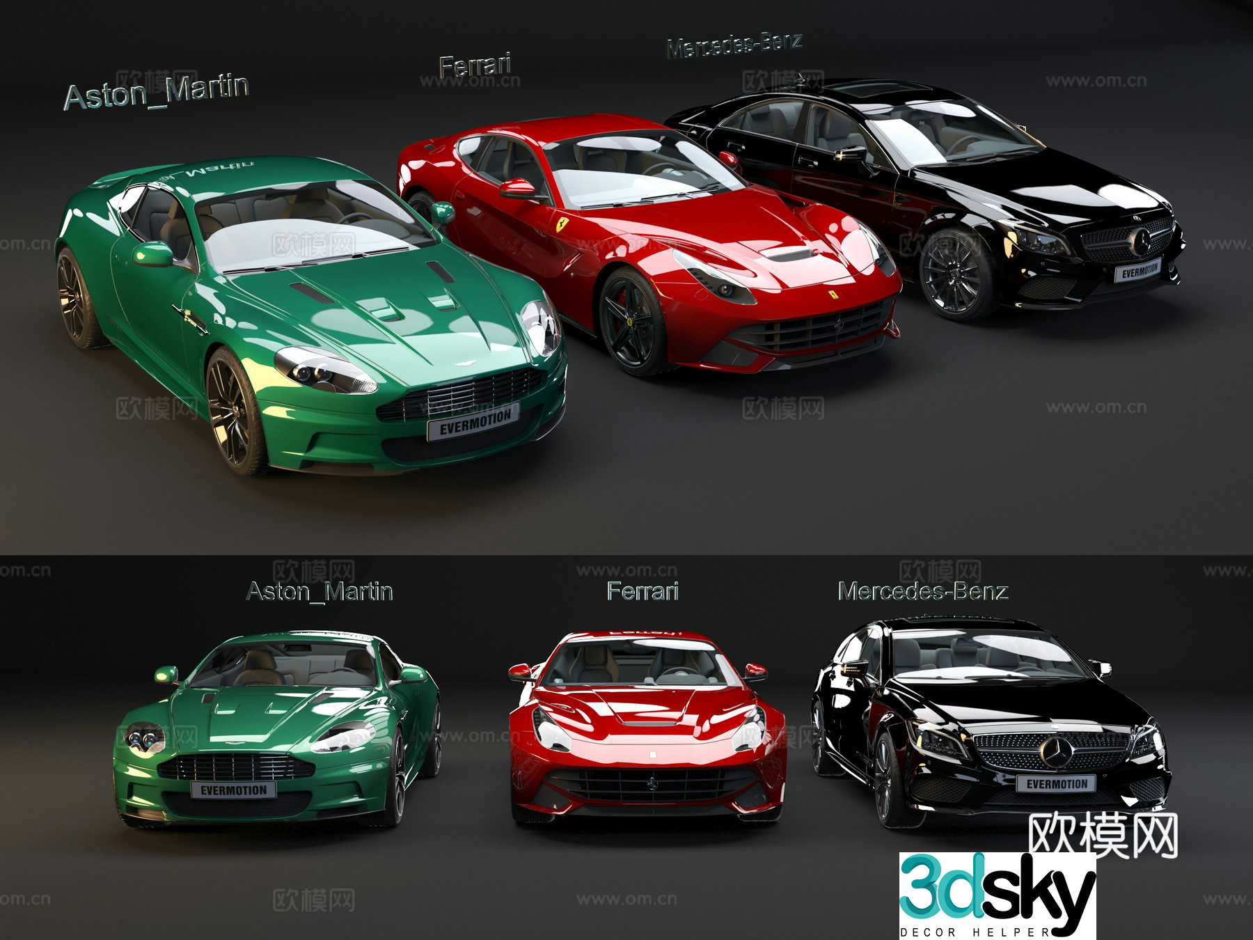 3 luxury cars Mercedes-Benz Aston Martin Ferrari 3D model