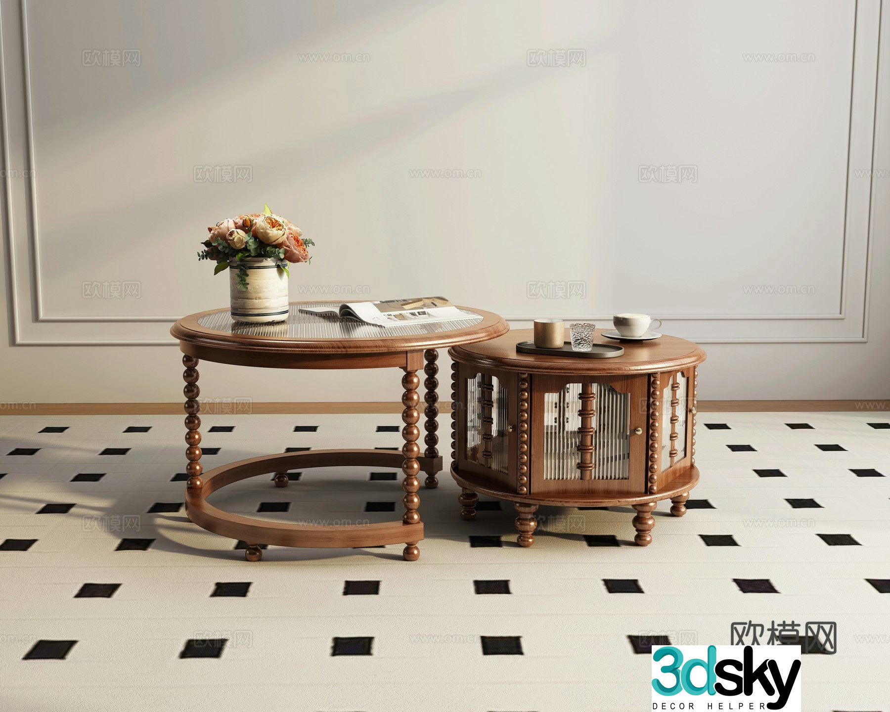Solid wood coffee table combination 3D model