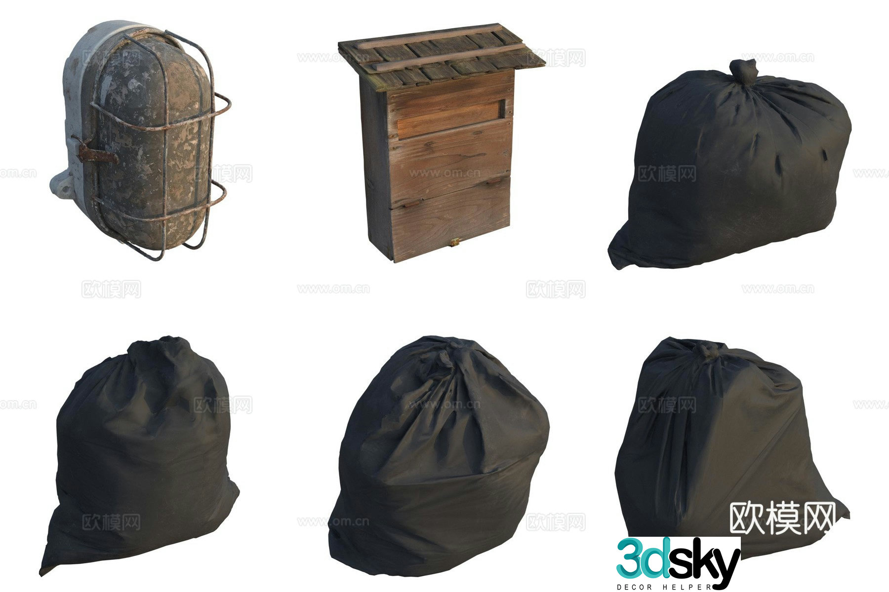 Old retro trash can trash bag emergency light 3d model