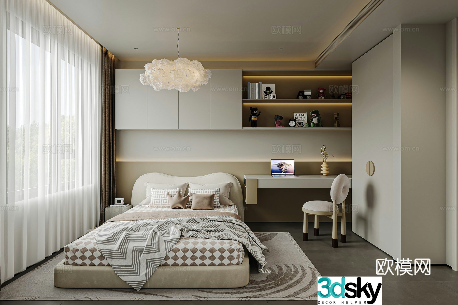 Modern creamy children’s room tatami children’s room custom cabinet desk and chair 3D model without a master lamp