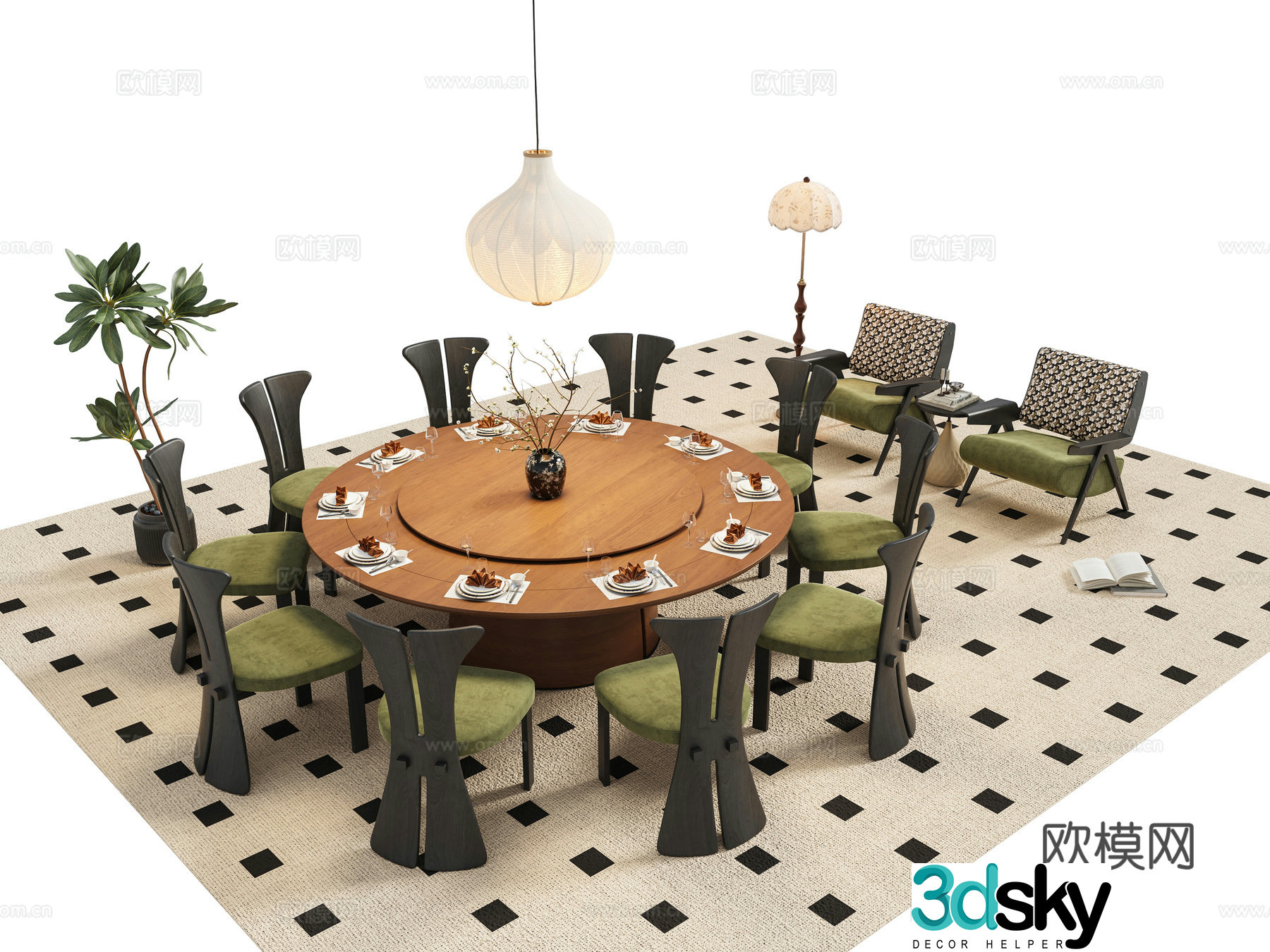 French retro dining table and chair combination 3D model
