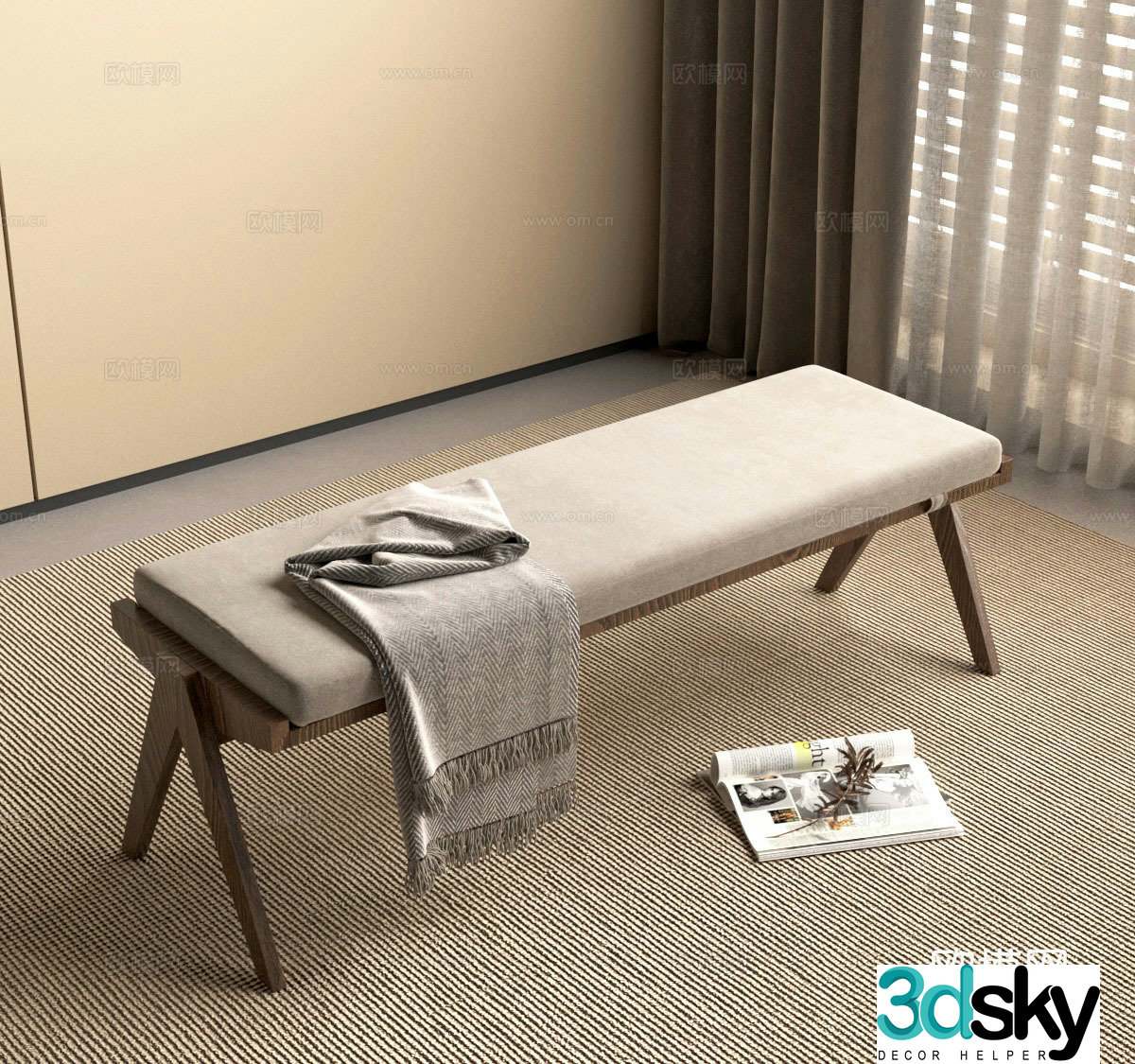 Wabi-sabi medieval rattan bench bedside stool 3D model