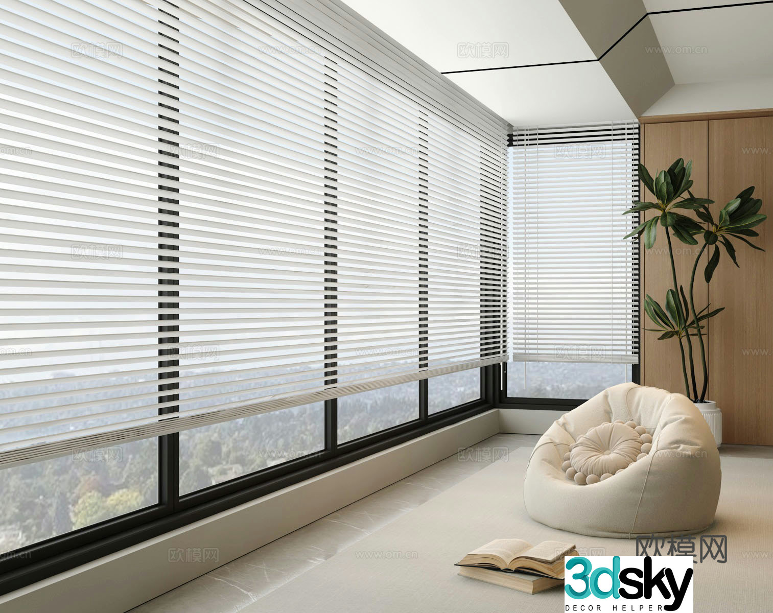 Venetian blinds floor-to-ceiling windows balcony lazy sofa green plant potted plant 3d model