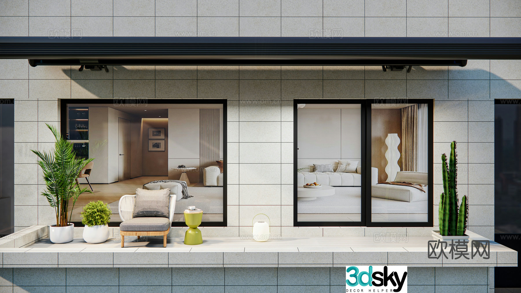 Modern balcony villa balcony leisure chair single chair ambient light curved arm awning combination 3D model