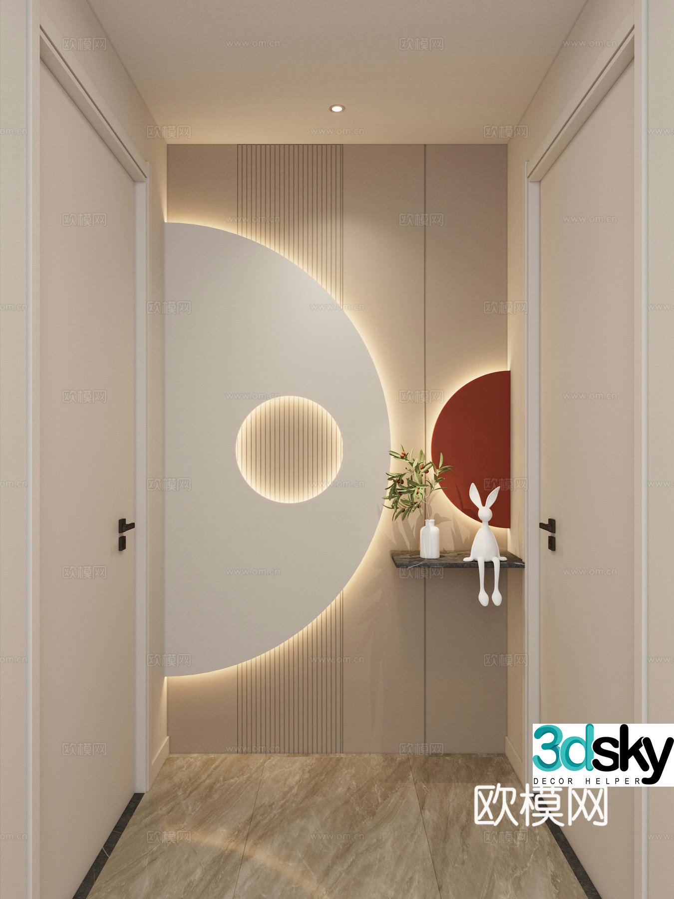 Cream Simple Style Arc Lighting Grille Corridor End View Entrance Entrance 3D Model