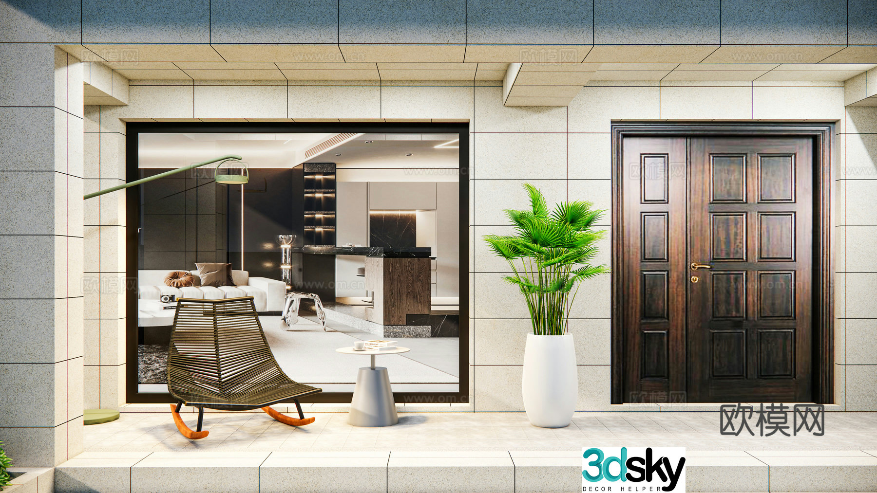 Modern outdoor courtyard rocking chair single -player chair corridor living room chair round metal coffee several landing atmosphere 3D model